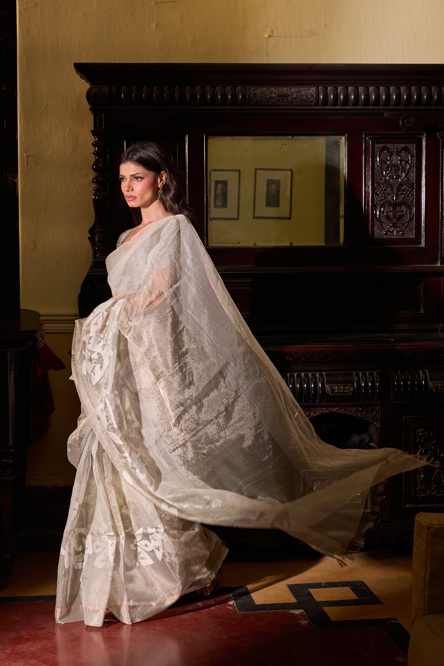 White Pure Organza Silk Tissue Jamdani handloom Saree