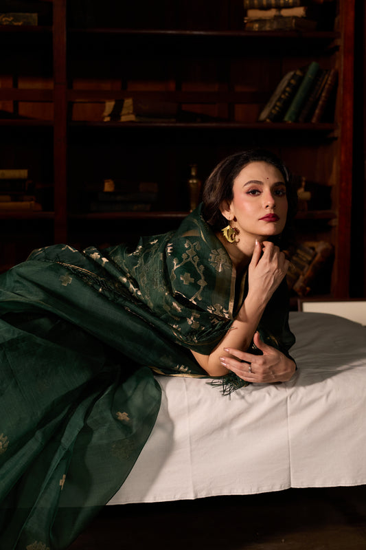 Green Pure Organza Silk Jamdani Handloom Saree