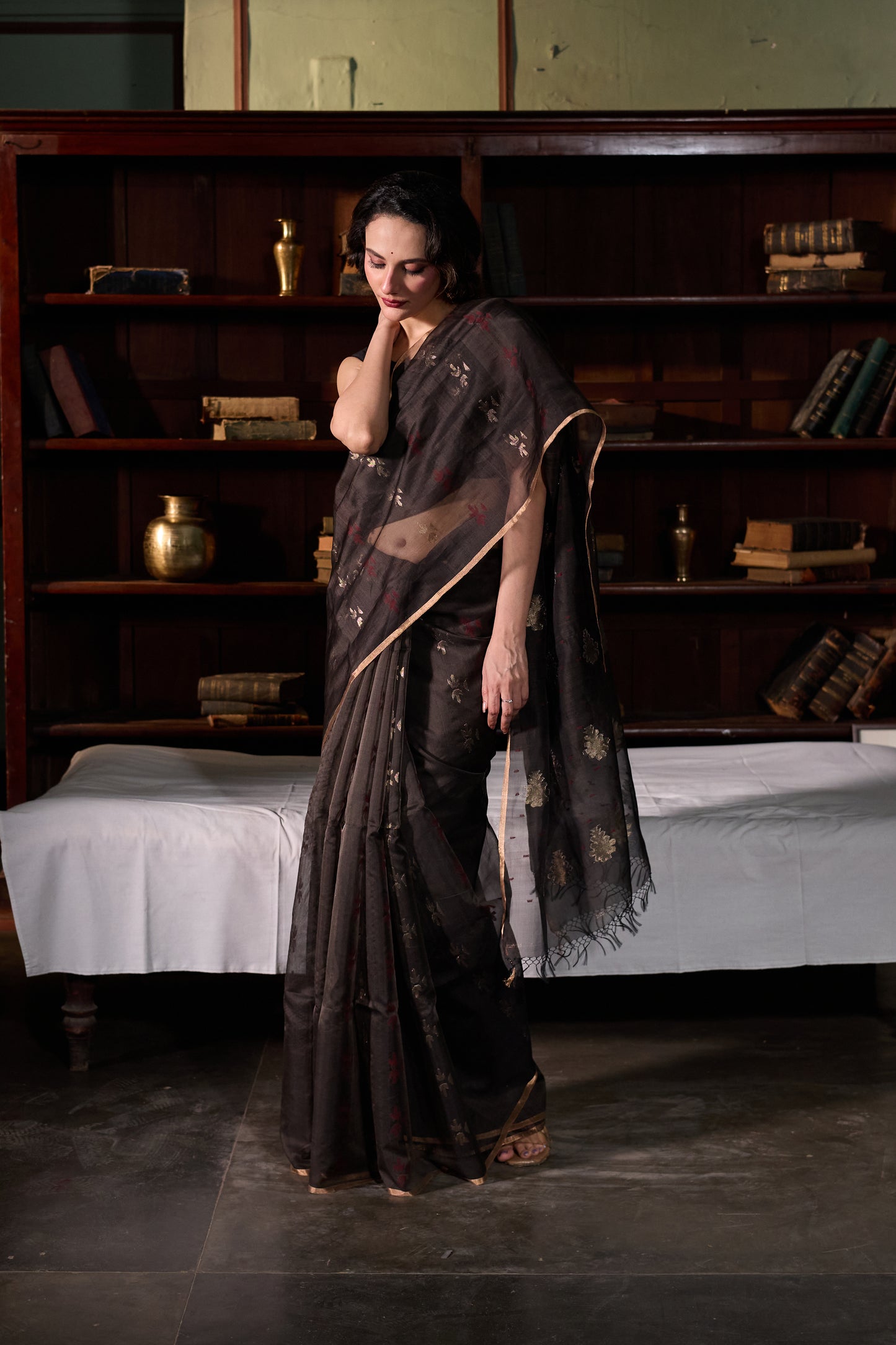 Brown Pure Organza Jamdani Handloom Saree
