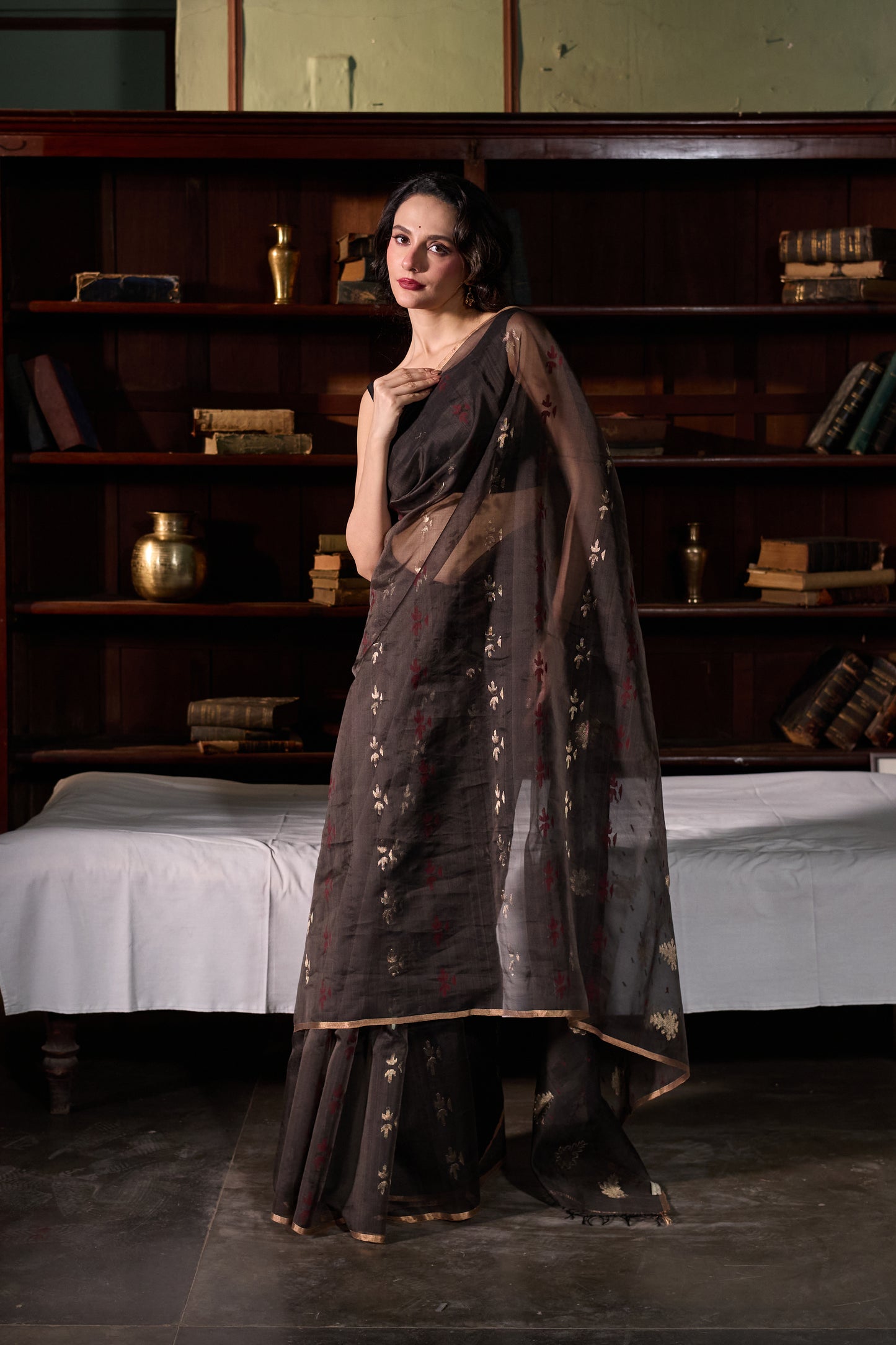 Brown Pure Organza Jamdani Handloom Saree