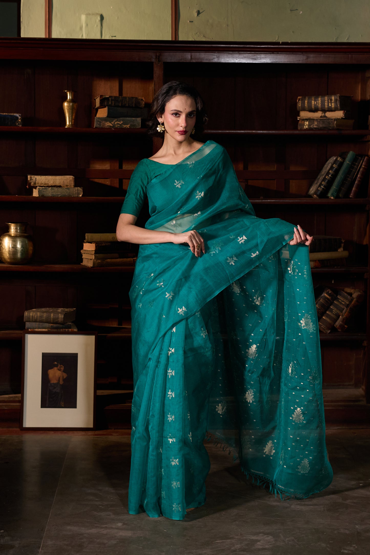 Teal Pure Organza Silk Jamdani Handloom Saree