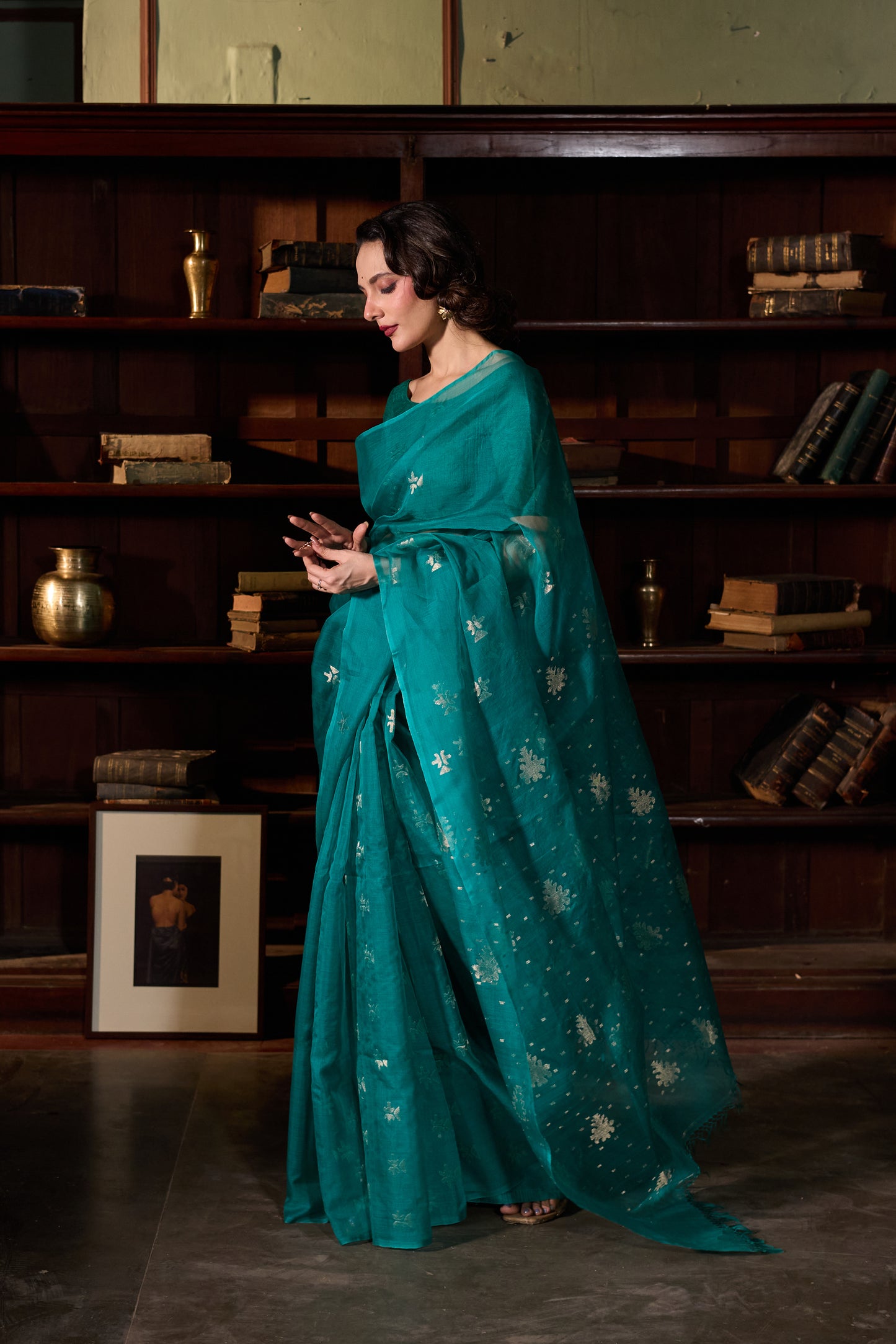 Teal Pure Organza Silk Jamdani Handloom Saree