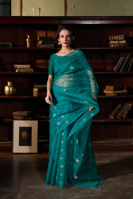 Teal Pure Organza Silk Jamdani Handloom Saree