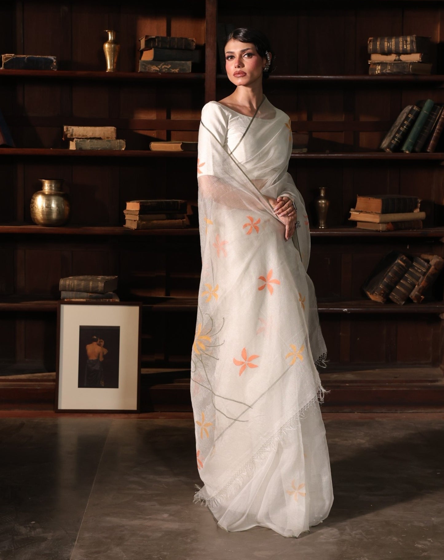 White Pure Organza Silk Jamdani Handloom Saree