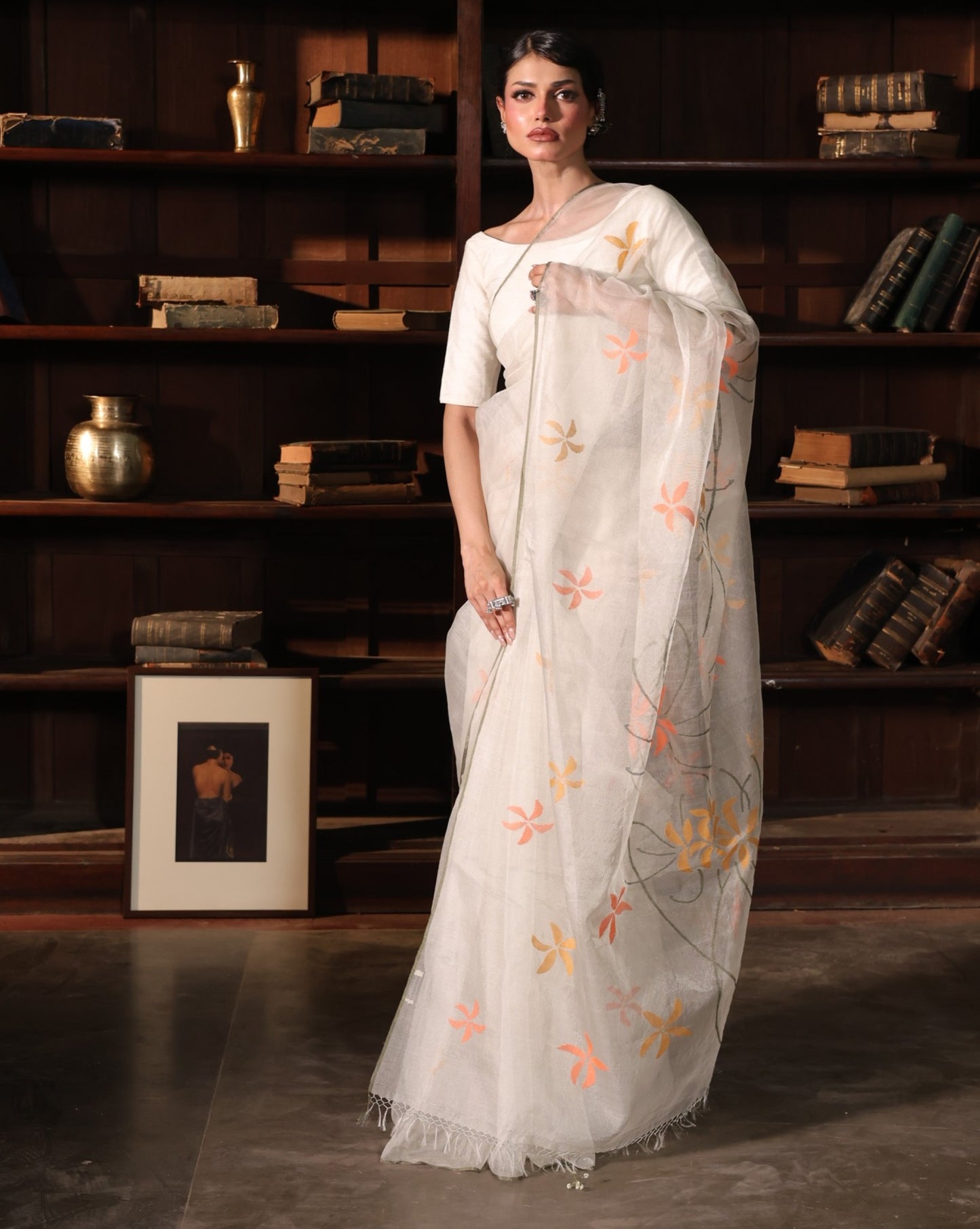 White Pure Organza Silk Jamdani Handloom Saree