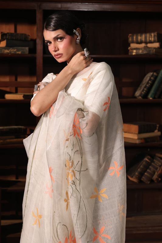 White Pure Organza Silk Jamdani Handloom Saree