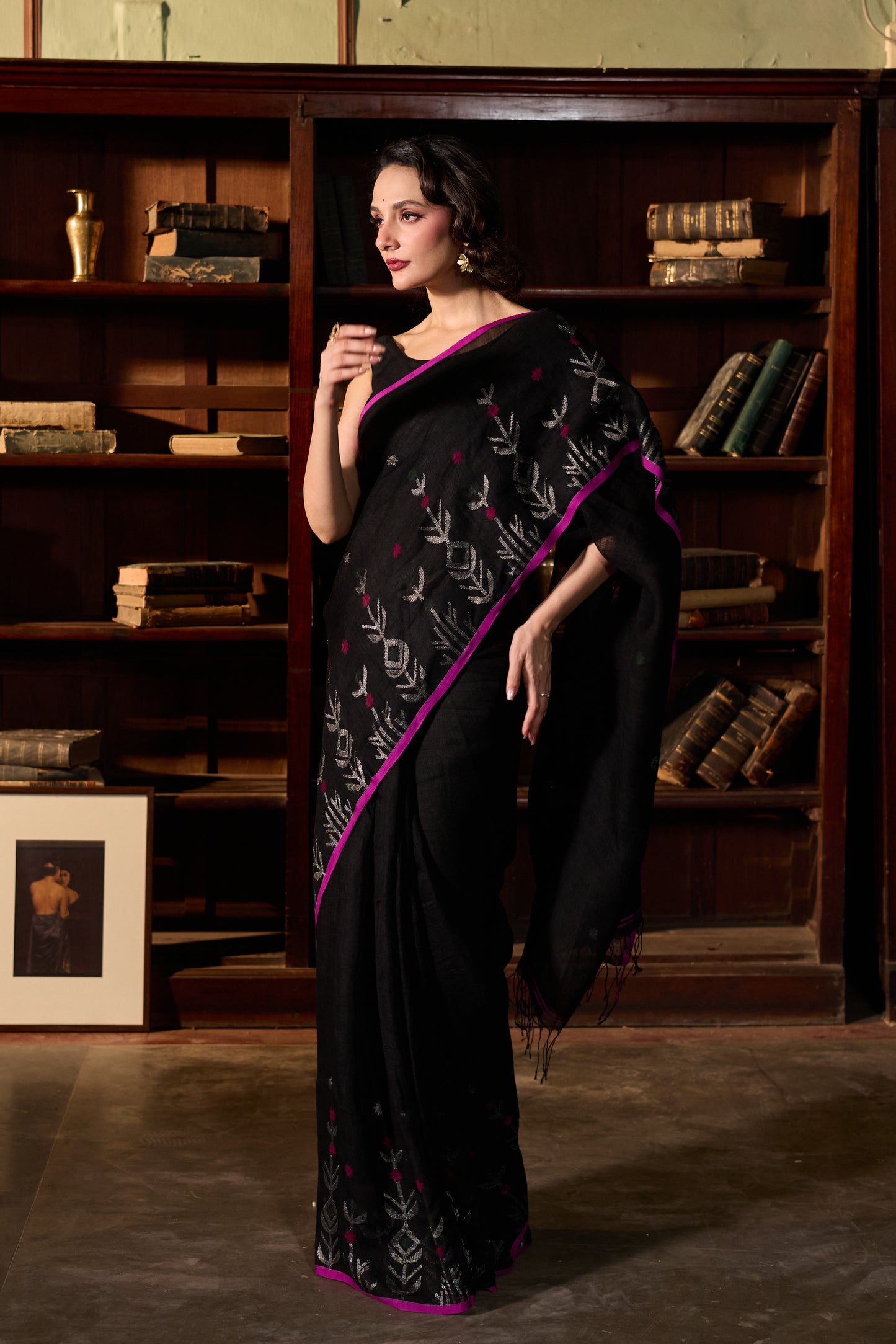 Black Pure Linen Jamdani Handloom Saree