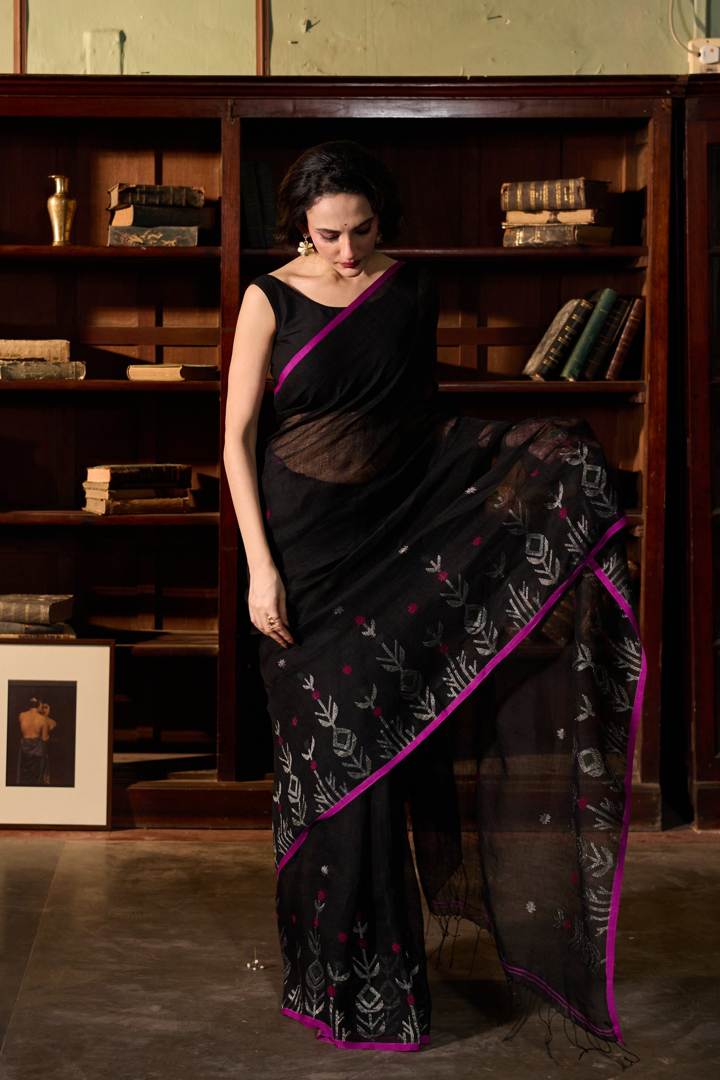 Black Pure Linen Jamdani Handloom Saree