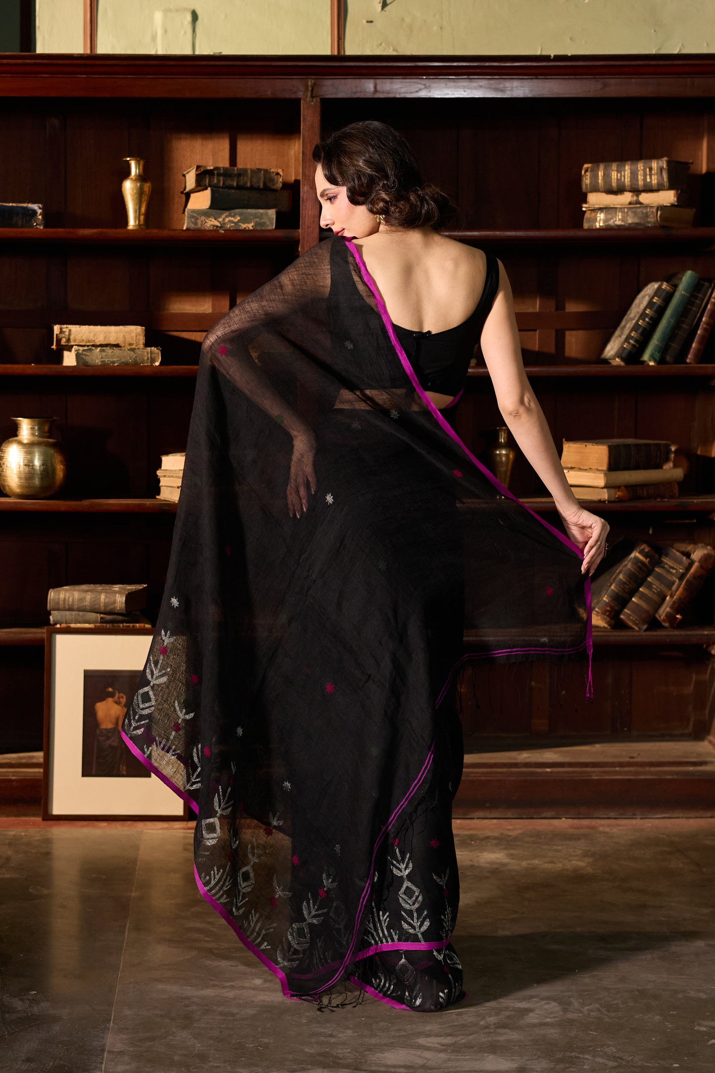 Black Pure Linen Jamdani Handloom Saree