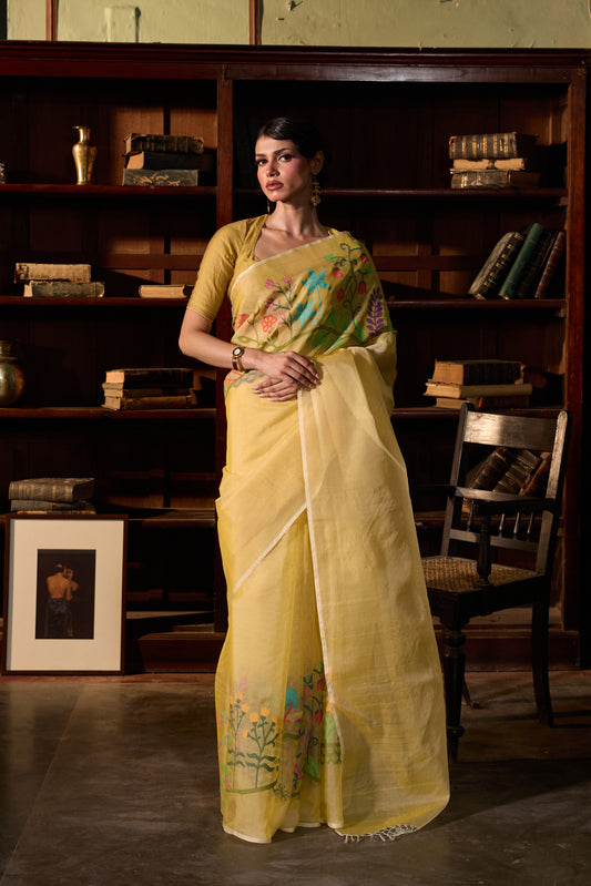 Yellow Pure Organza Silk Jamdani Handloom Saree