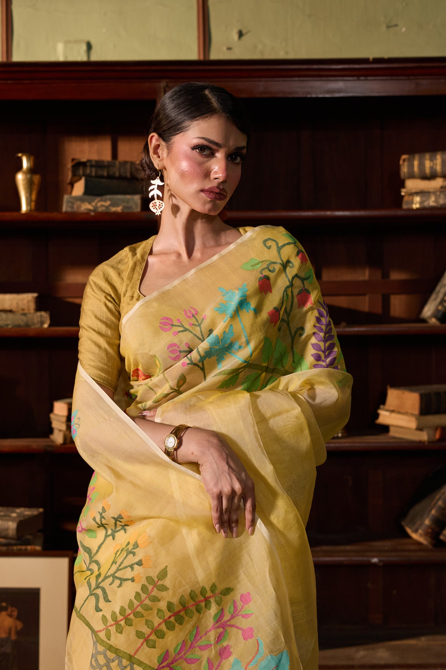 Yellow Pure Organza Silk Jamdani Handloom Saree
