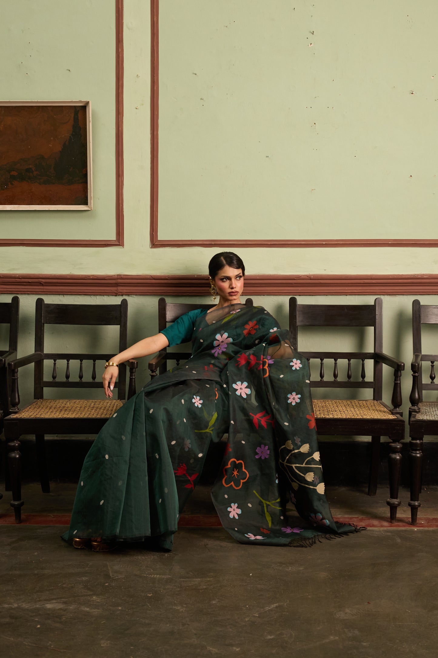 Green Pure Organza Silk Jamdani Handloom Saree