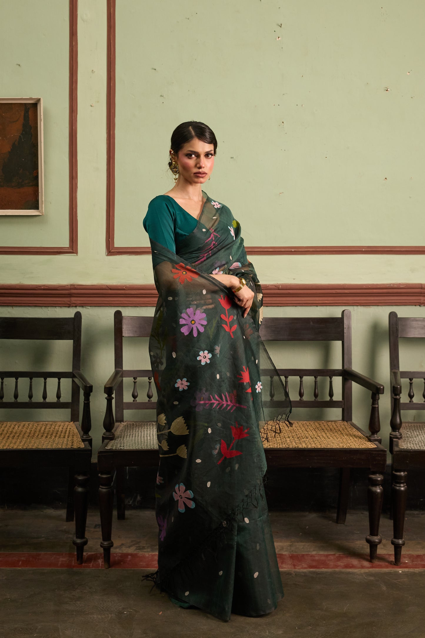 Green Pure Organza Silk Jamdani Handloom Saree