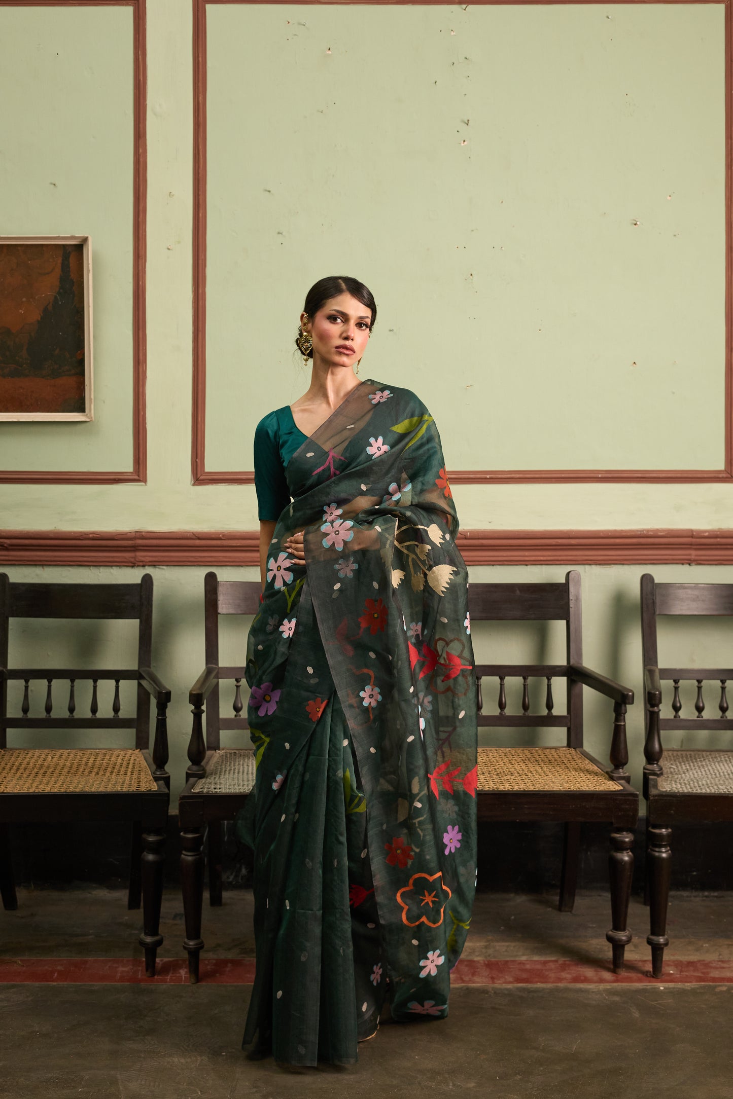 Green Pure Organza Silk Jamdani Handloom Saree