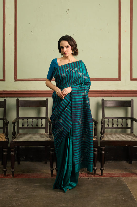 Teal Blue Pure Matka Silk Jamdani Handloom Saree