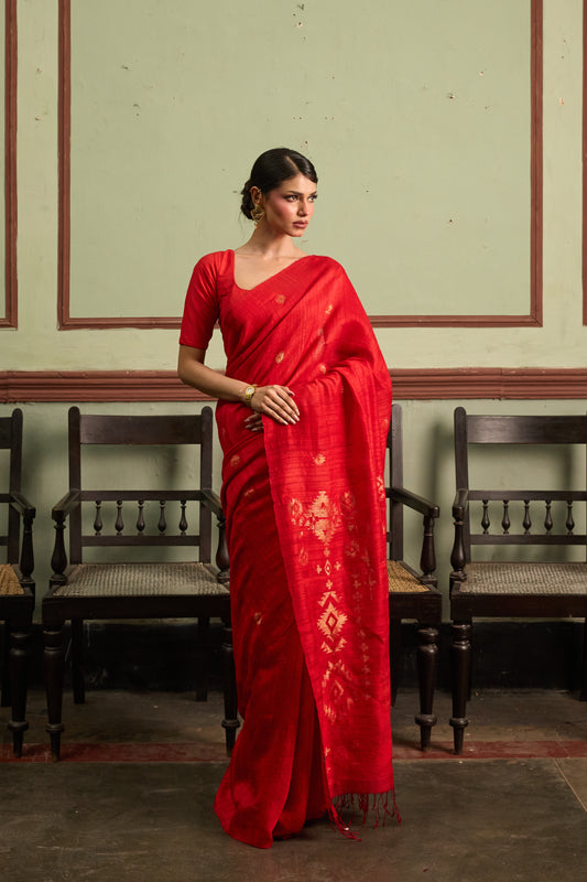 Red Pure Matka Silk Jamdani Handloom Saree