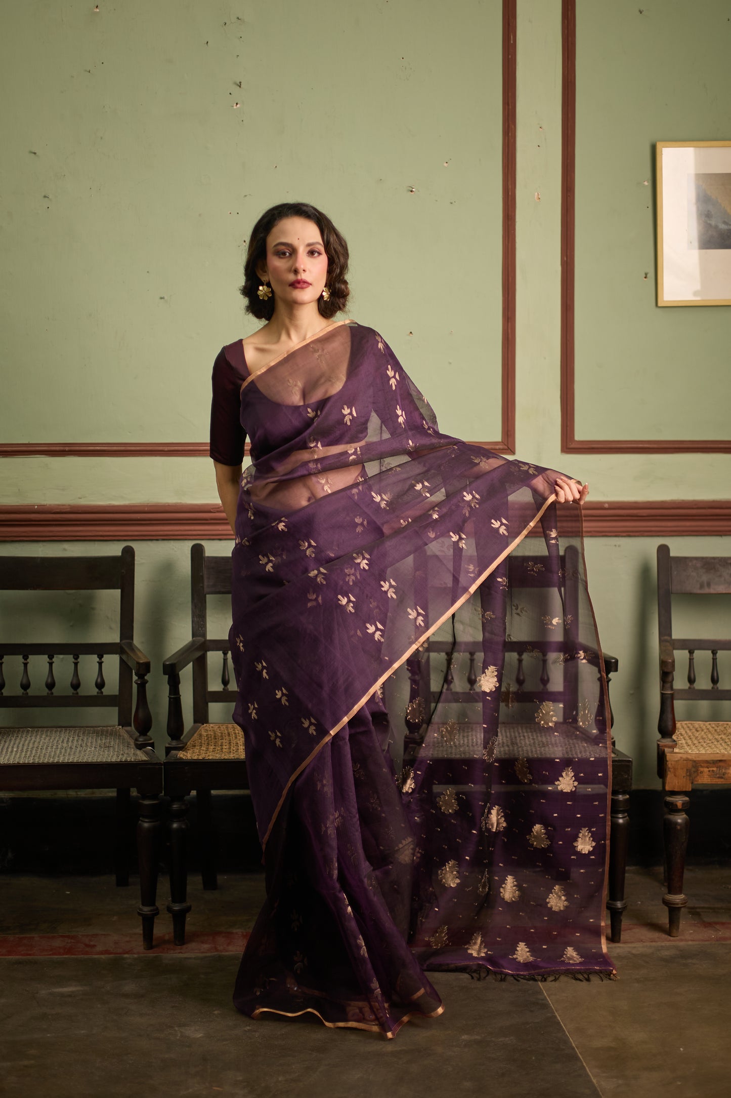 Purple Pure Organza Jamdani Handloom Saree