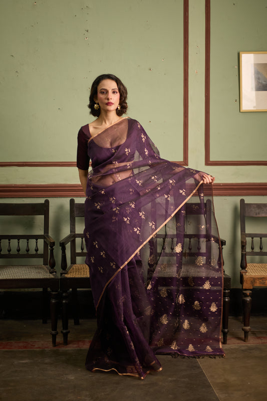 Purple Pure Organza Jamdani Handloom Saree