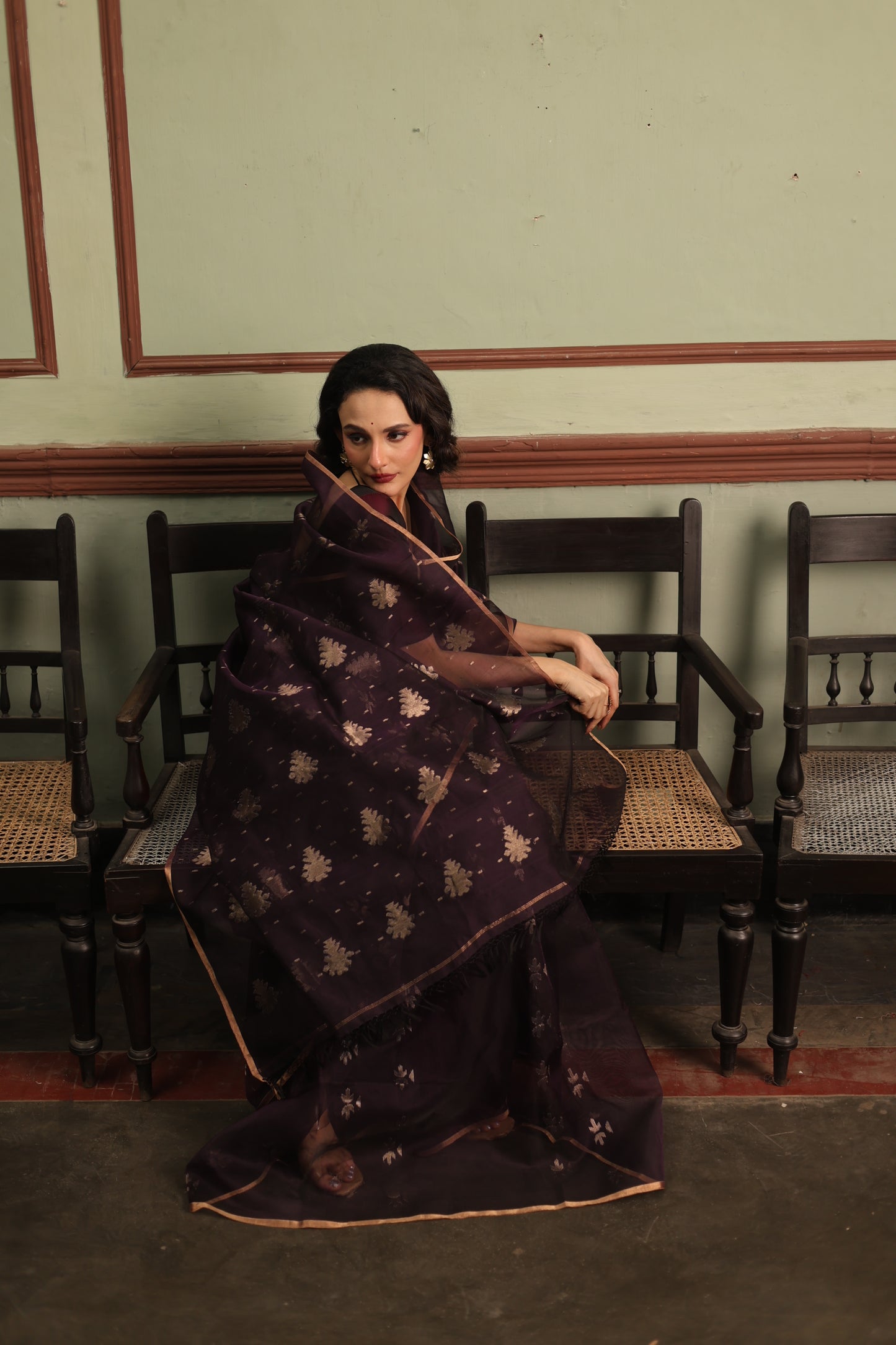 Purple Pure Organza Jamdani Handloom Saree