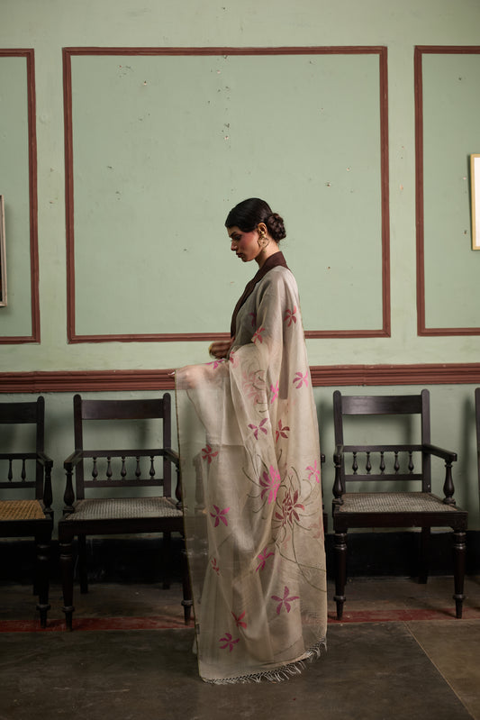 Grey Pure Organza Silk Jamdani Handloom Saree