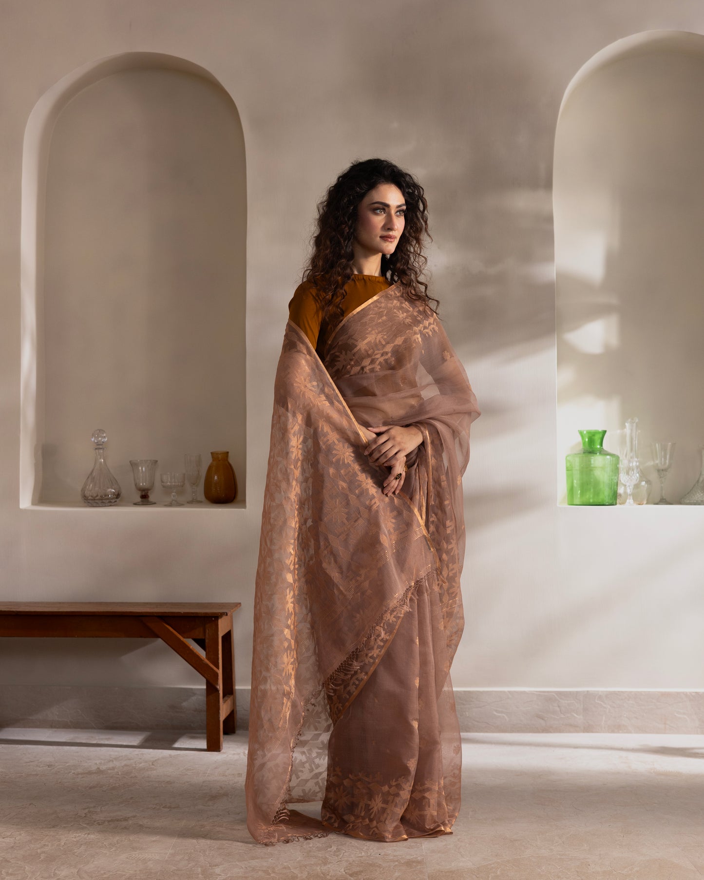 Brown Pure Organza Silk Traditional Jamdani Saree