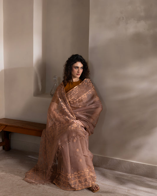Brown Pure Organza Silk Traditional Jamdani Saree