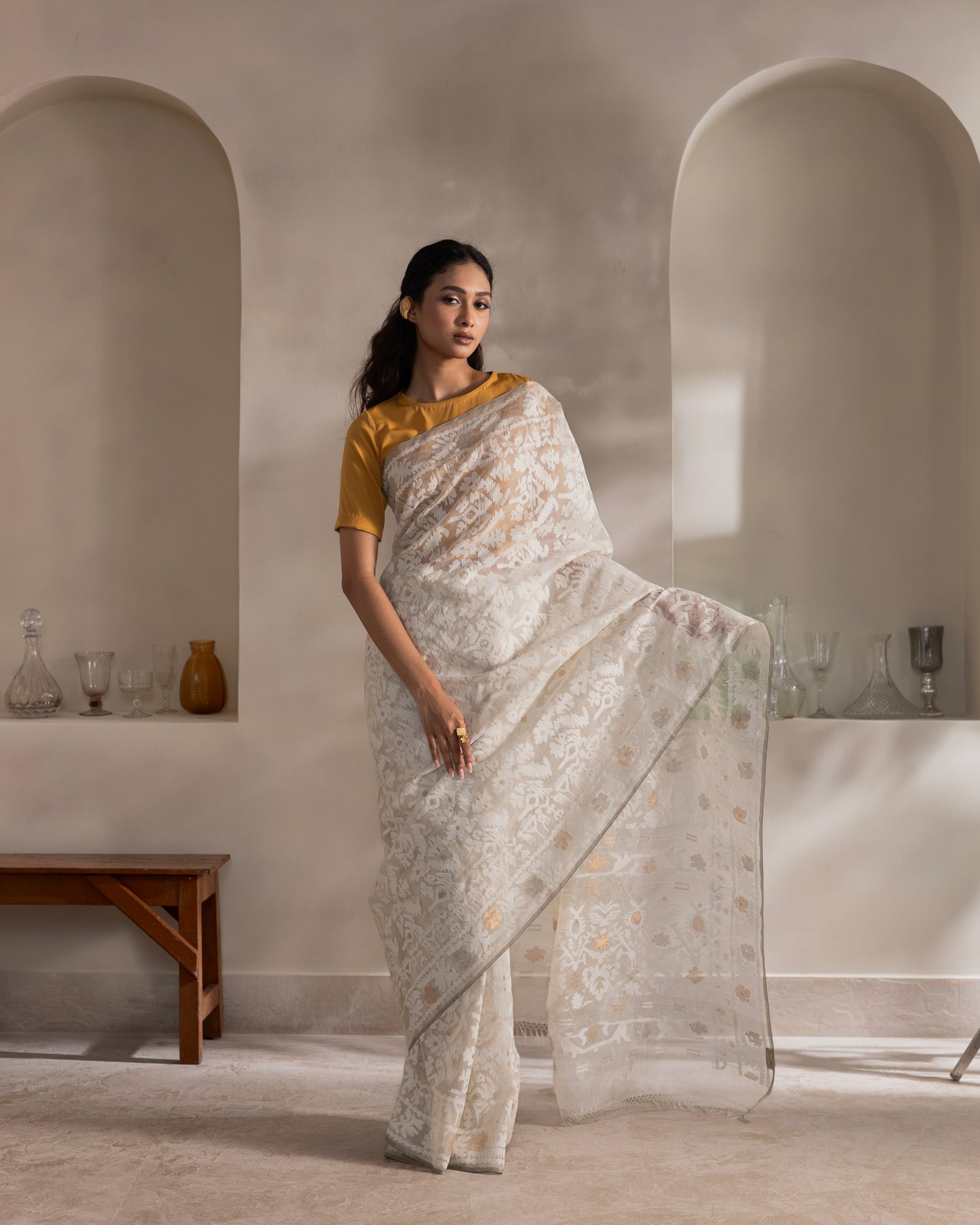 White Pure Organza Silk Traditional Jamdani Saree