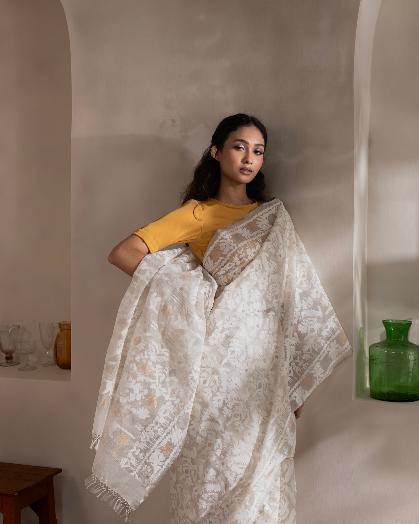 White Pure Organza Silk Traditional Jamdani Saree