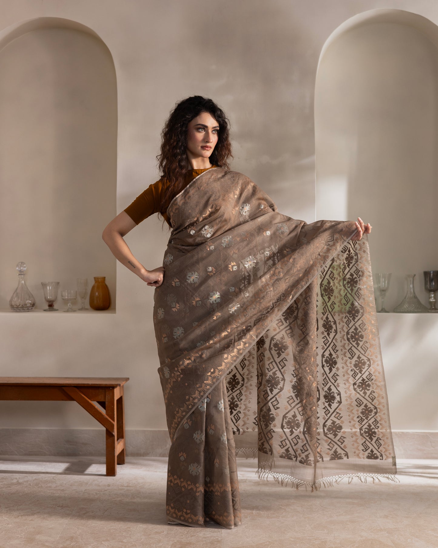 Stone Grey Pure Organza Traditional Jamdani Saree