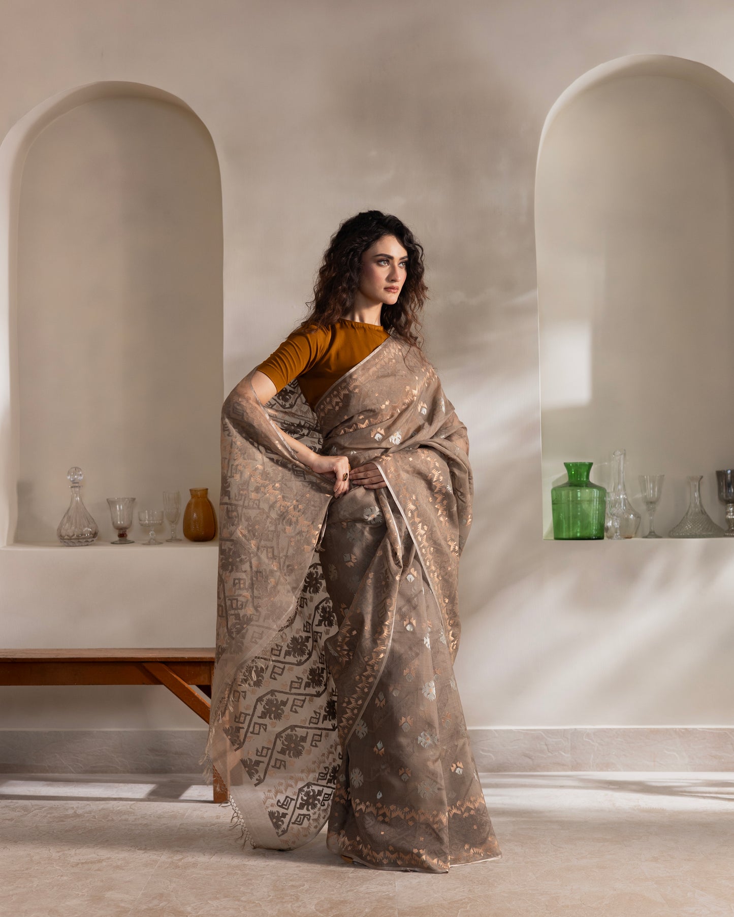 Stone Grey Pure Organza Traditional Jamdani Saree