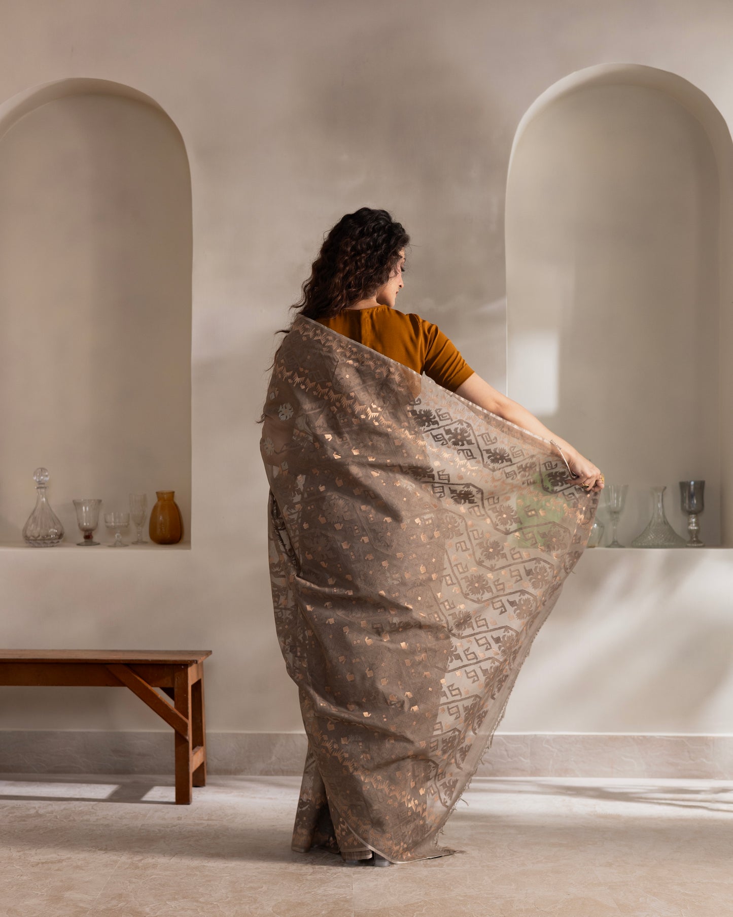 Stone Grey Pure Organza Traditional Jamdani Saree