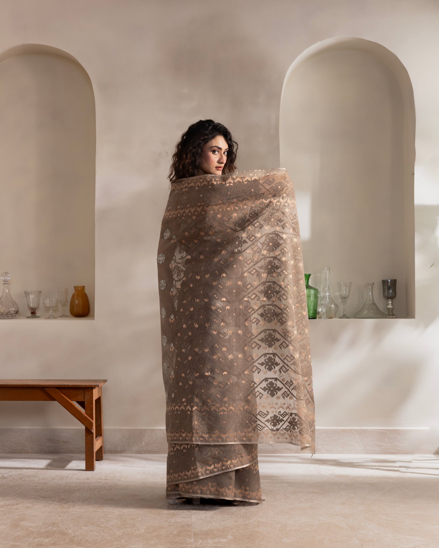 Stone Grey Pure Organza Traditional Jamdani Saree