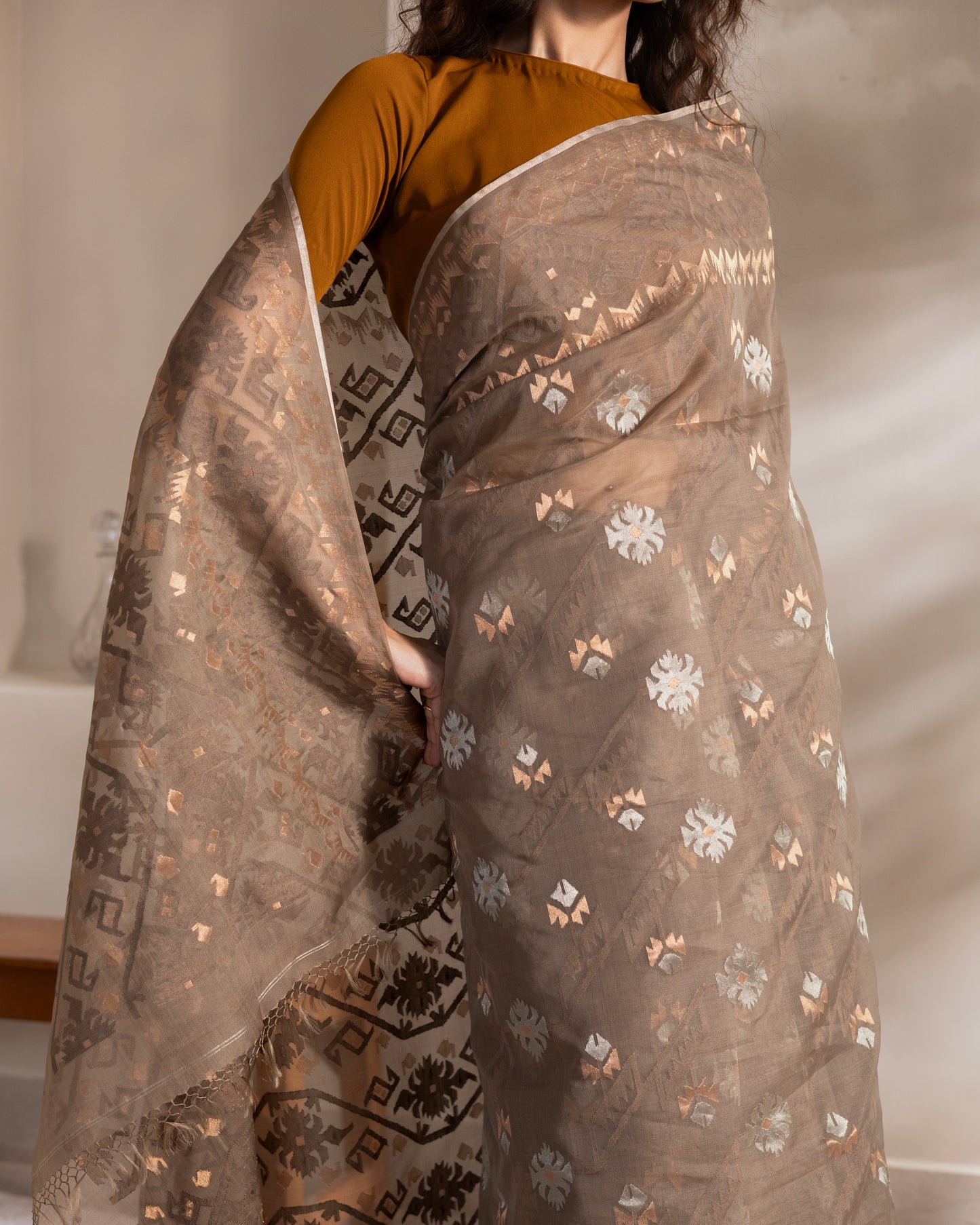 Stone Grey Pure Organza Traditional Jamdani Saree