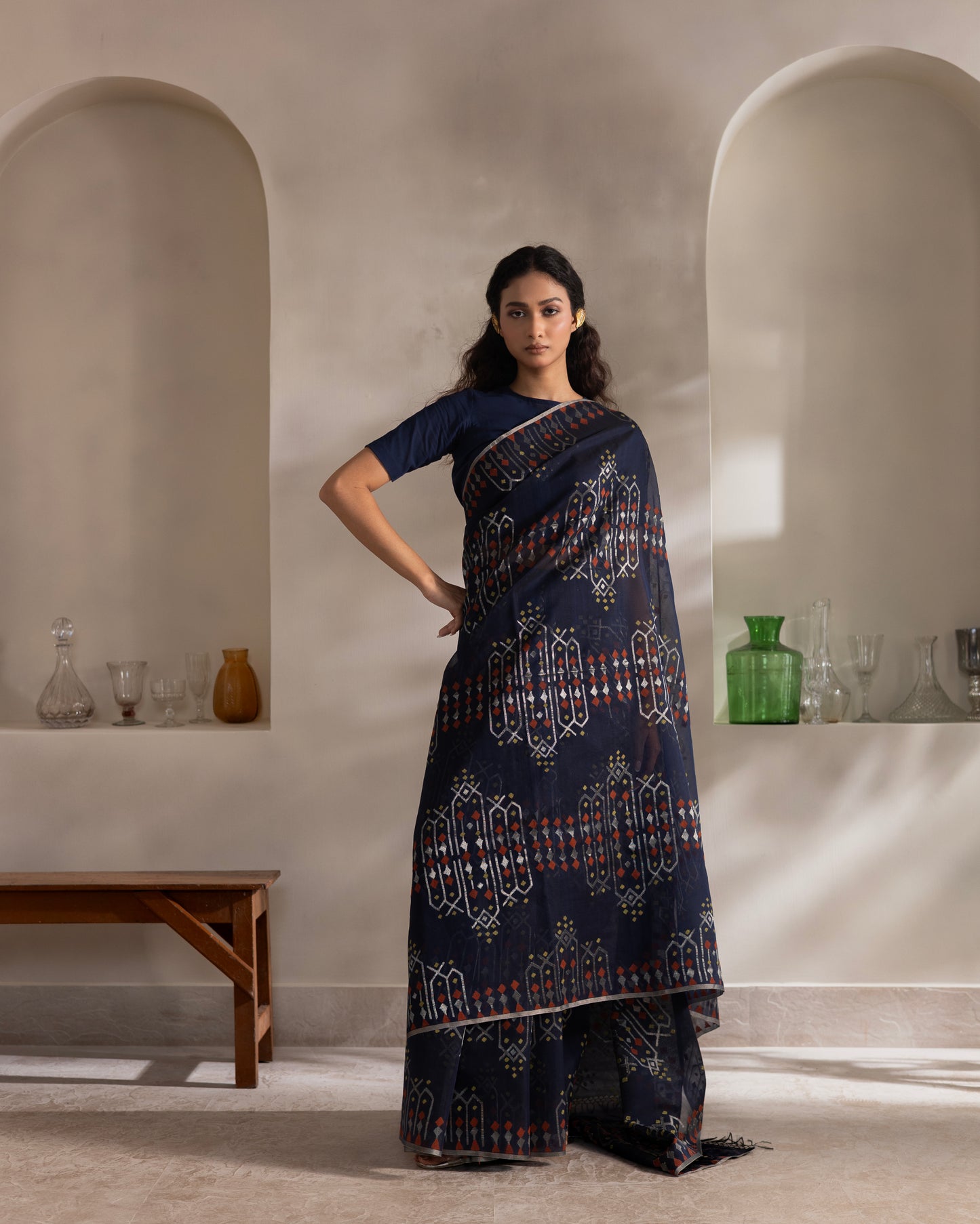 Blue Pure Organza Traditional Jamdani Handloom Saree
