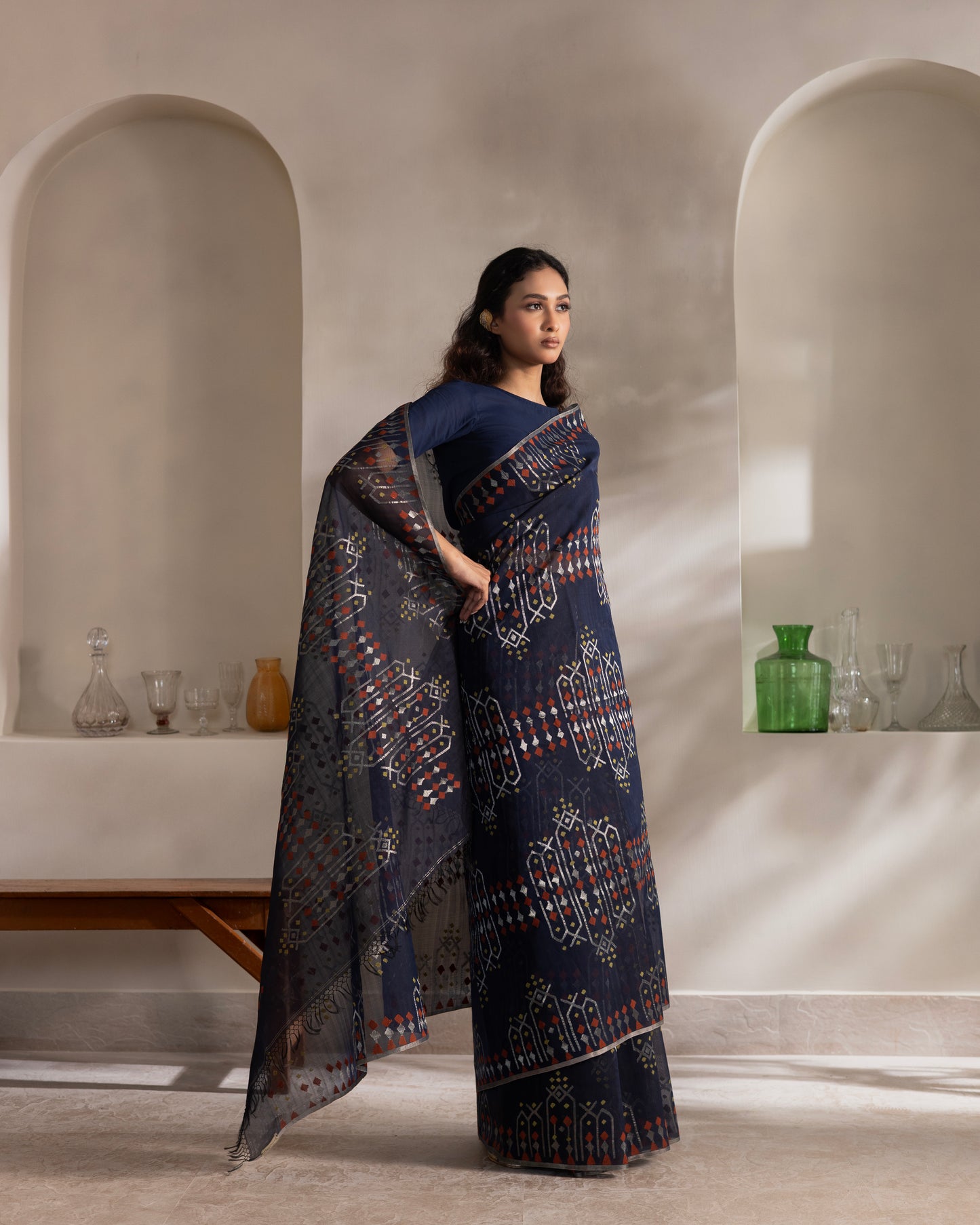 Blue Pure Organza Traditional Jamdani Handloom Saree