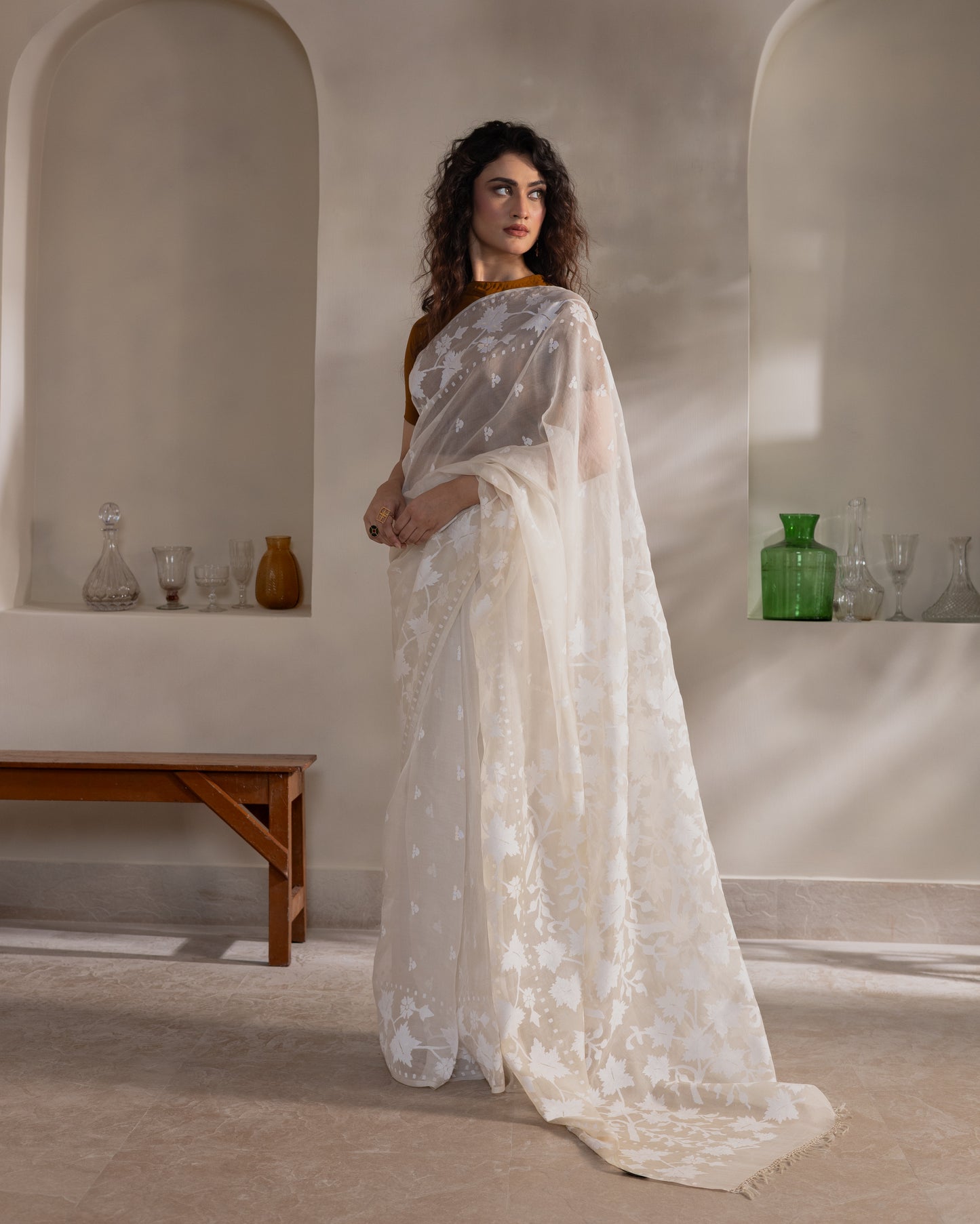 White Pure Organza Traditional Jamdani Saree