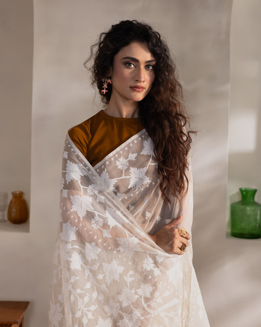 White Pure Organza Traditional Jamdani Saree