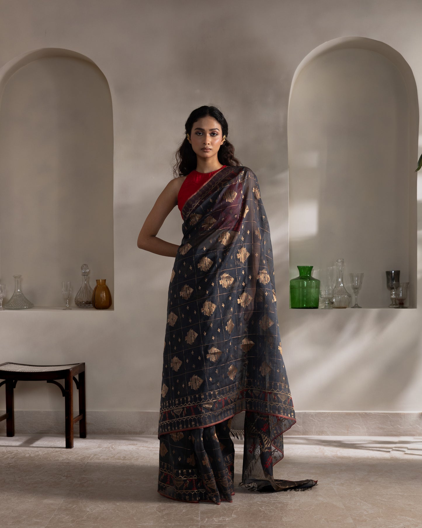 Blue Pure Organza Silk Traditional Jamdani Handloom Saree