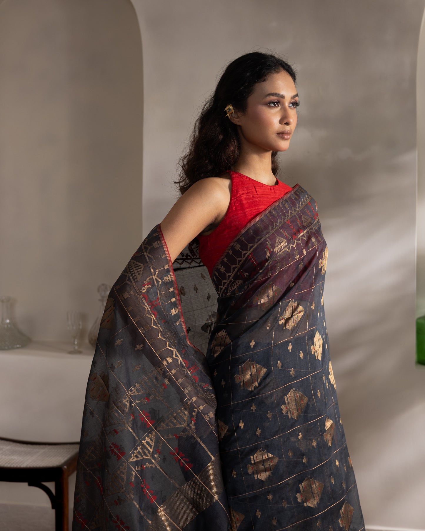 Blue Pure Organza Silk Traditional Jamdani Handloom Saree