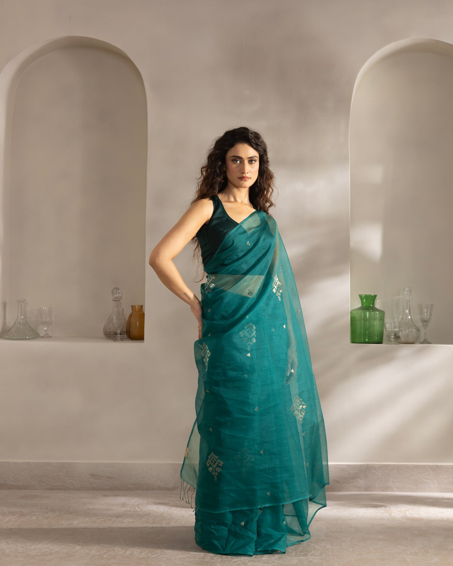 Teal Blue Pure Organza Silk Jamdani Handloom Saree
