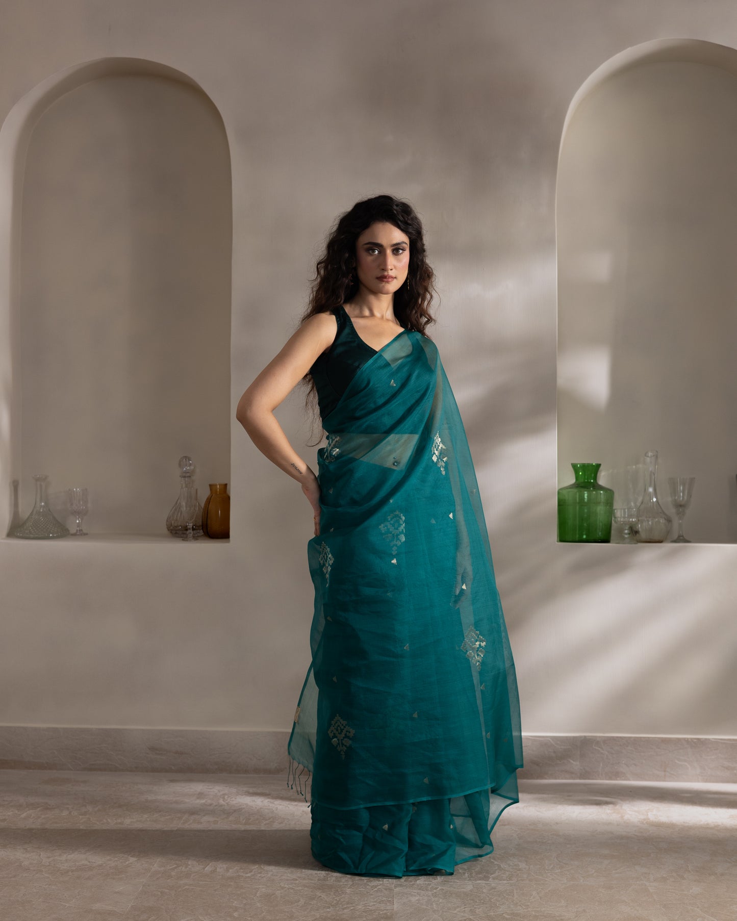 Teal Blue Pure Organza Silk Jamdani Handloom Saree