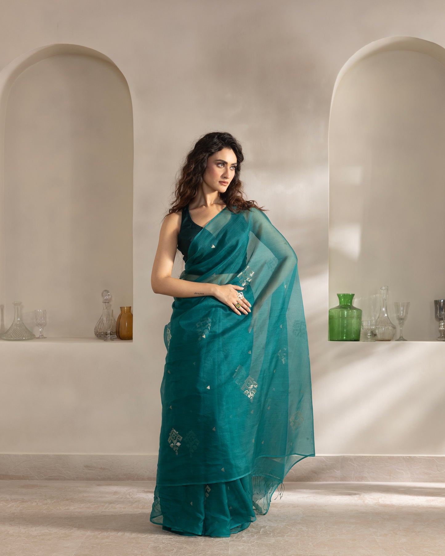 Teal Blue Pure Organza Silk Jamdani Handloom Saree