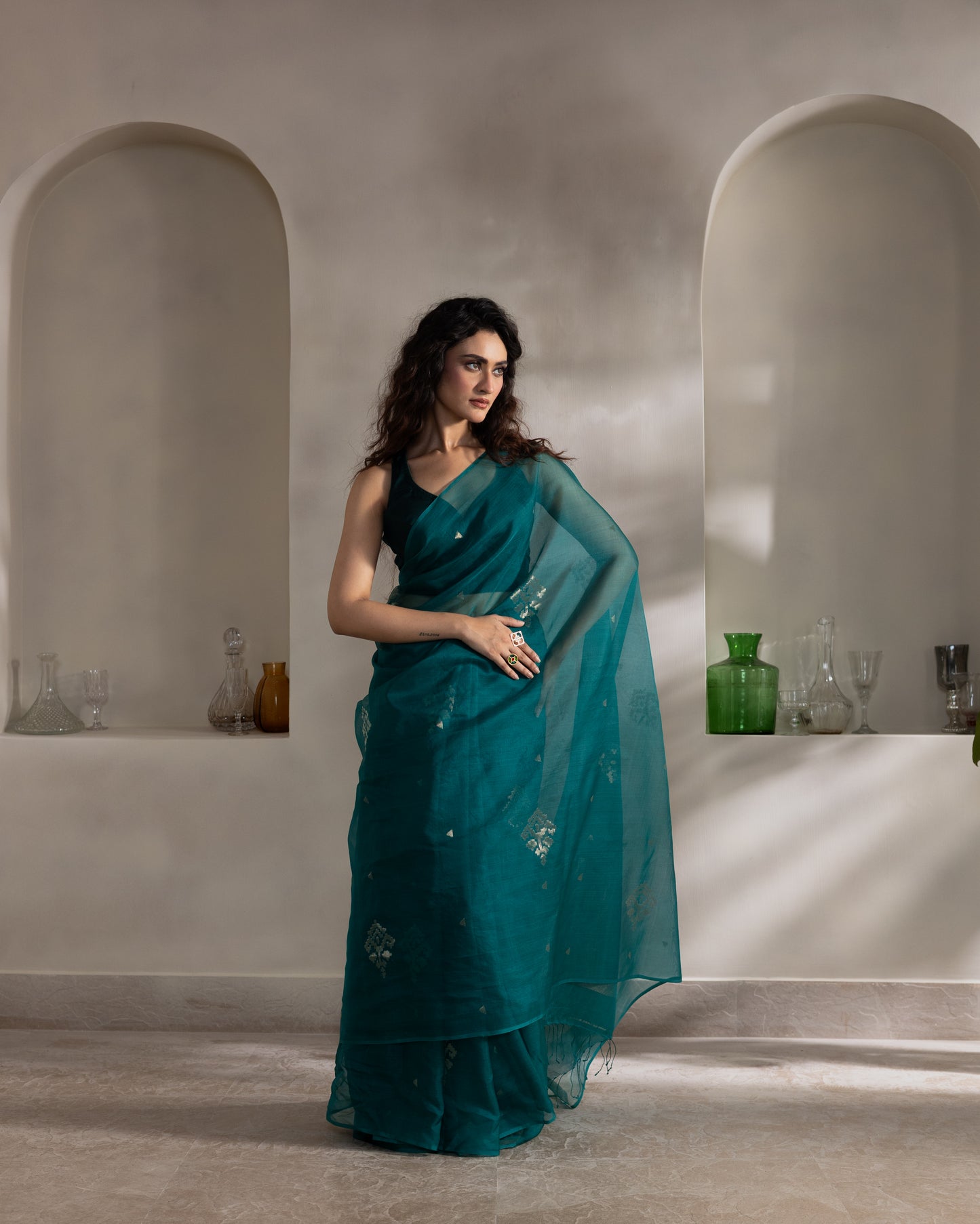 Teal Blue Pure Organza Silk Jamdani Handloom Saree