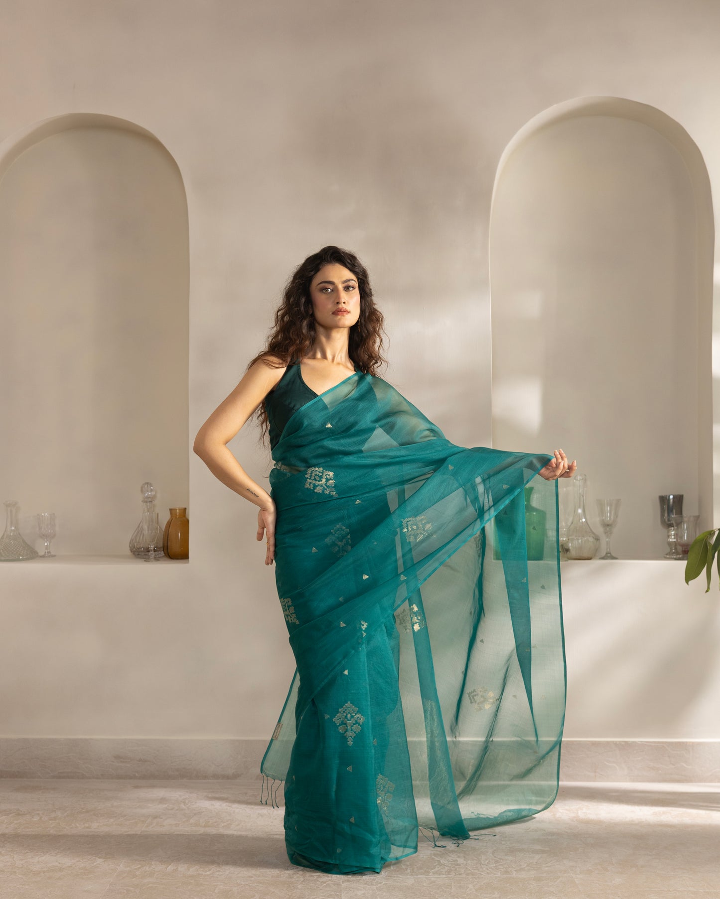 Teal Blue Pure Organza Silk Jamdani Handloom Saree