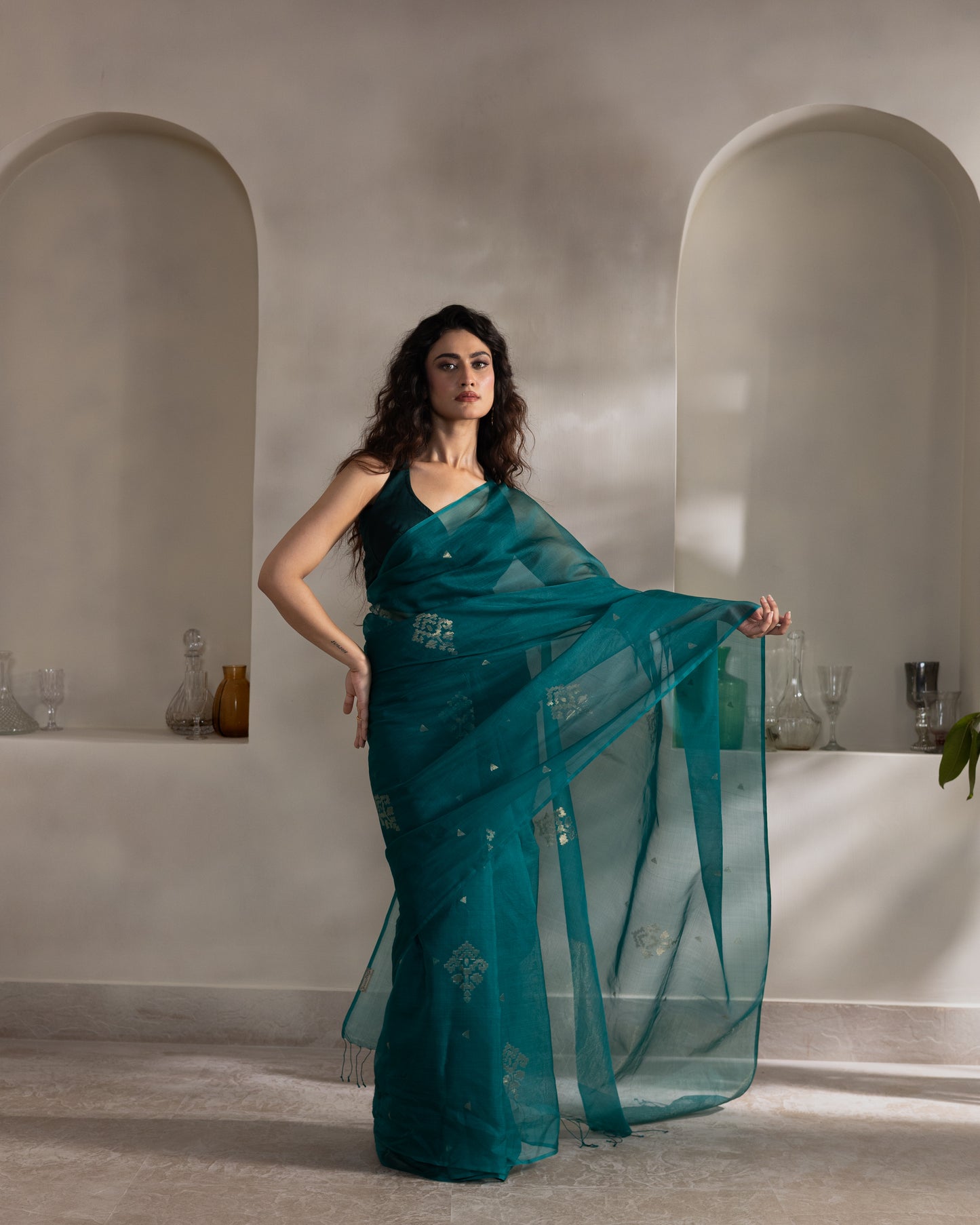Teal Blue Pure Organza Silk Jamdani Handloom Saree