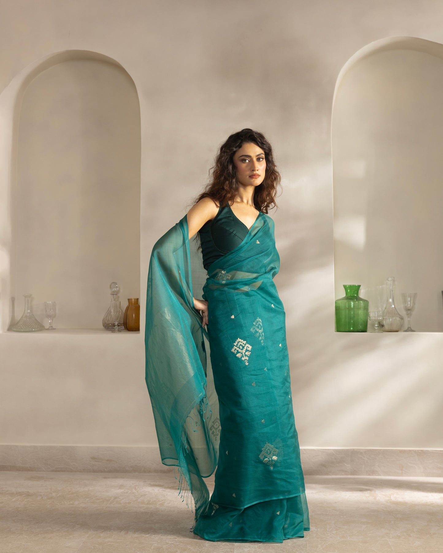 Teal Blue Pure Organza Silk Jamdani Handloom Saree