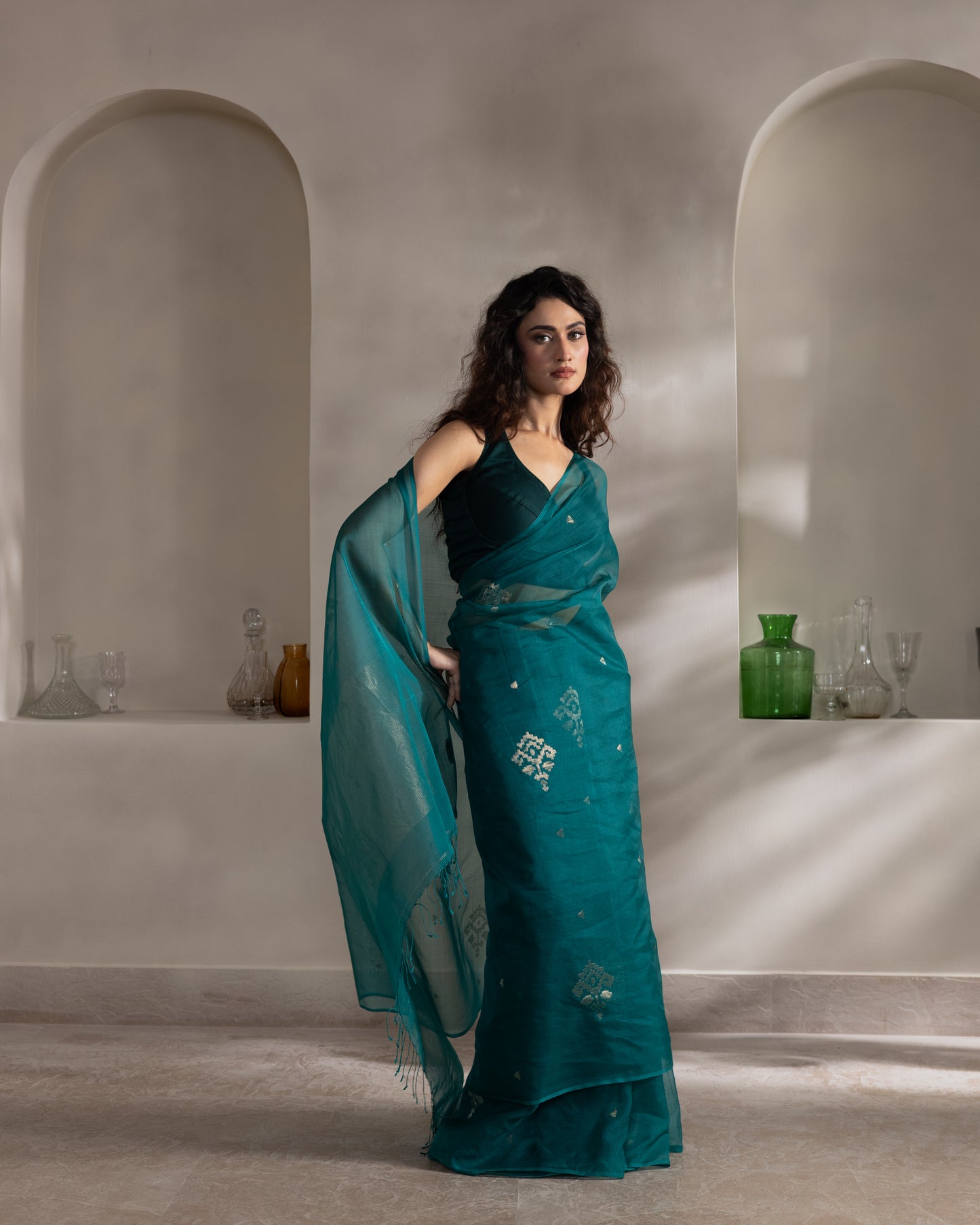 Teal Blue Pure Organza Silk Jamdani Handloom Saree