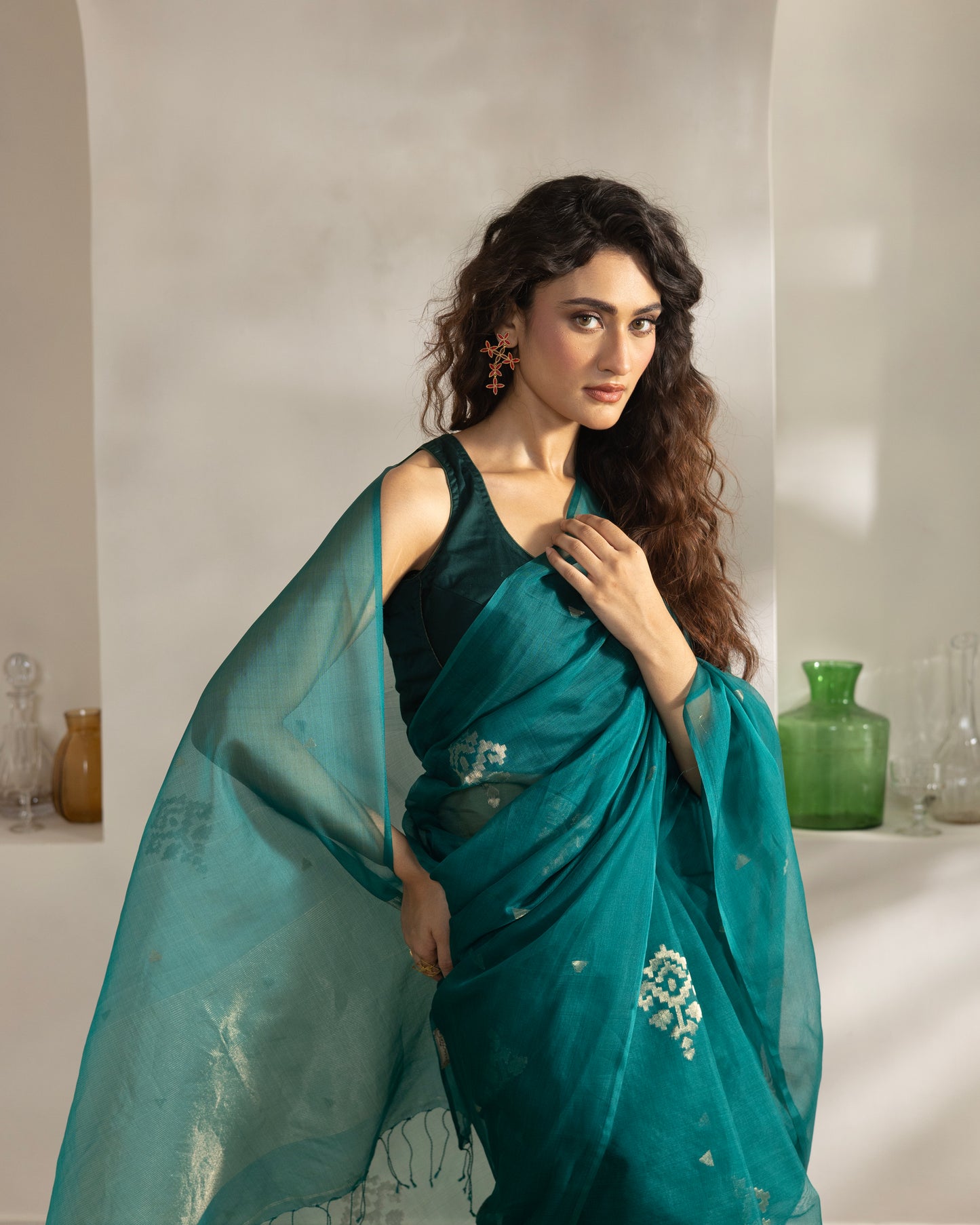 Teal Blue Pure Organza Silk Jamdani Handloom Saree