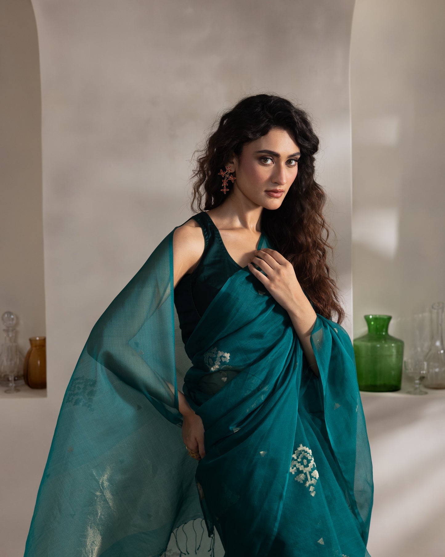 Teal Blue Pure Organza Silk Jamdani Handloom Saree