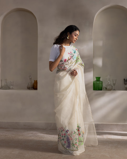 White Pure Organza Silk Jamdani Handloom Saree